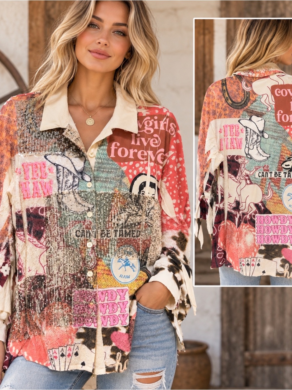 Origami Western Cowgirl Sequin Button Down Shirt Yee Haw Rodeo Boho XL